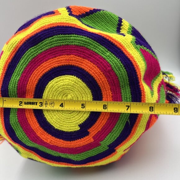 Wayuu Mochila Woven Bucket Bag Crossbody Lime Pink Yellow Tribal Drawstring EUC - Picture 7 of 8